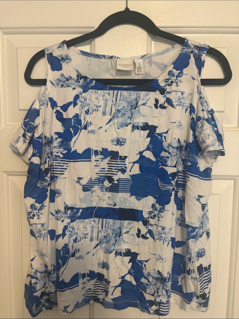 Chico's Blue and White Floral Cold-Shoulder Blouse